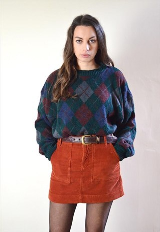 80S VINTAGE GREEN DIAMOND GOLF PATTERN KNIT JUMPER