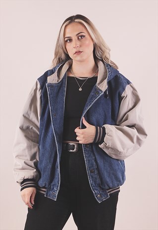 VINTAGE 90S PADDED BLUE DENIM VARSITY JACKET /A6043