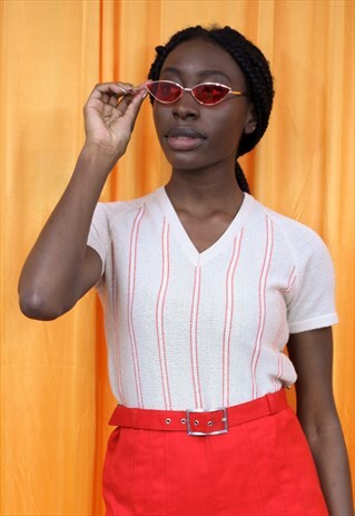 VINTAGE 70S KNITTED TOP BEIGE ORANGE WHITE STRIPED V NECK