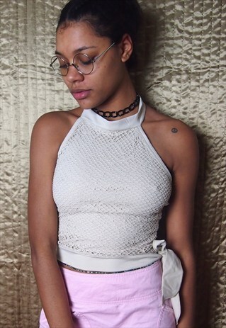 BEIGE MESH HALTER CROP TOP