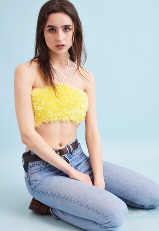90'S STYLE CUSTOMIZED FURRY FLUFFY KNIT HALTER CROP TOP