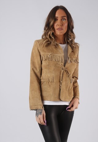 SUEDE LEATHER FRINGE TASSEL JACKET SHORT UK 10 (CWCH)