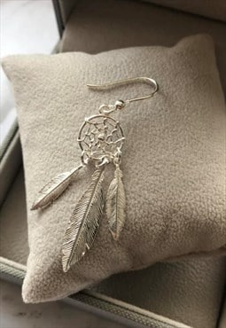 Silver Dream Catcher Feather Spider Web Drop hook earring 