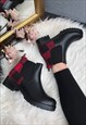 BLACK & RED FAUX LEATHER CHELSEA BOOTS