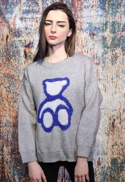 Teddy fleece knitwear sweater y2k bear patch jumper in grey