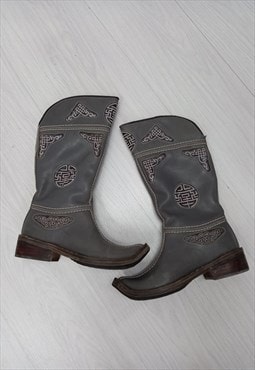 80's Mongolian Boots Grey Black Leather 