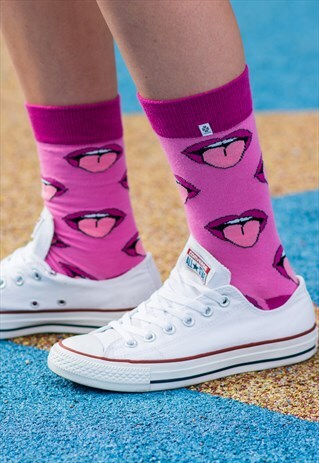 NOVELTY SOCKS WOMEN MENS - FUNNY PURPLE VIOLET MOUTH, TONGUE