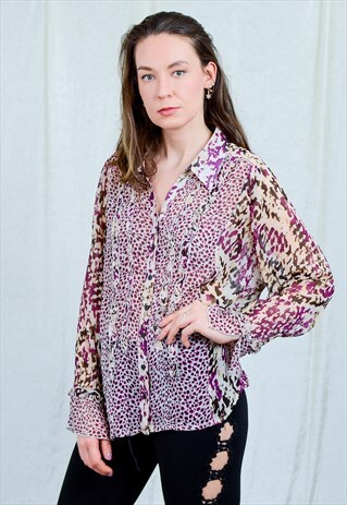 BOHO SHIRT SHEER BLOUSE LONG SLEEVE LEOPARD PRINT VINTAGE