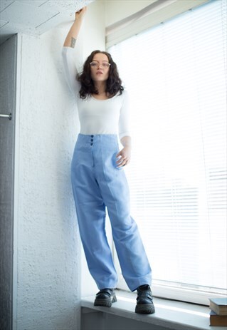 VINTAGE 80'S HIGH WAISTED WIDE LINEN TROUSERS IN BLUE
