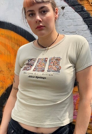 VINTAGE 90S T-SHIRT IN BEIGE WITH ABORIGINAL PRINT