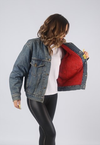 VINTAGE LINED DENIM JACKET OVERSIZED BLUE UK 12 M (B3F)