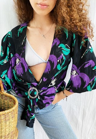 VINTAGE 80S BOTANICA ABSTRACT FLORAL PRINT BOHEME BLOUSE TOP