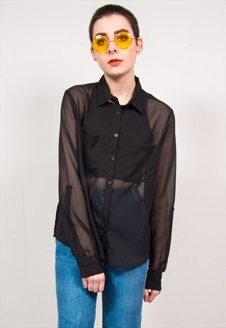 VINTAGE 90'S BLACK SHEER LONG SLEEVE SHIRT BLOUSE
