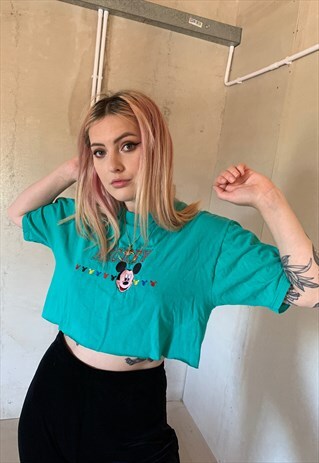 VINTAGE DISNEY EMBROIDERED MICKEY MOUSE CROPPED T-SHIRT