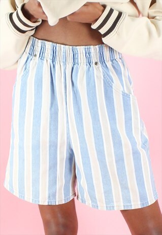 VINTAGE 90S SHORTS Y2K LIGHT BLUE STRIPED HIGH WAISTED
