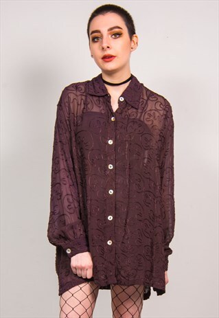 VINTAGE 90'S BROWN OVERSIZED EMBROIDERED PATTERN SHIRT