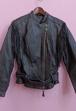 Vintage Harley Davidson black fringed biker jacket