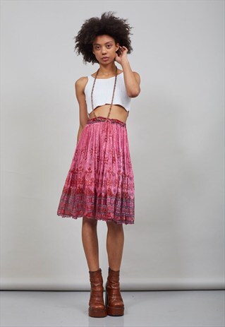 VINTAGE HOT PINK FESTIVAL 70'S BOHO INDIAN MIDI SKIRT