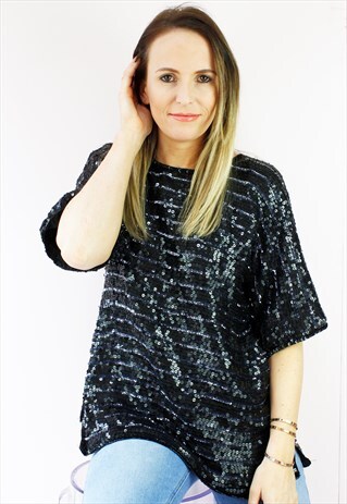 VINTAGE 80'S BLACK SEQUIN FESTIVAL SHORT SLEEVE BLOUSE TOP