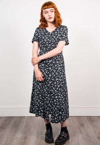 VINTAGE 90'S BLACK & WHITE FLORAL PATTERN GRUNGE MIDI DRESS