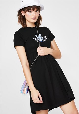 BUNNY TEARS BLUE RABBIT EMBROIDERY PATCH BLACK SMOCK DRESS