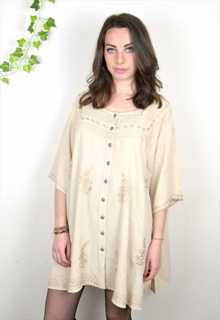 1980S VINTAGE BOHEMIAN BUTTON UP LACE EMBROIDERED DRESS