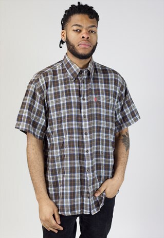 VINTAGE BLUE AND BROWN SHORT SLEEVE FLANNEL SHIRT