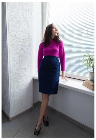 VINTAGE 60'S NAVY HIGH WAISTED TEXTURED MIDI SKIRT