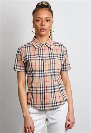 RARE VINTAGE 90'S BURBERRY BEIGE PLAID SHORT SLEEVE SHIRT