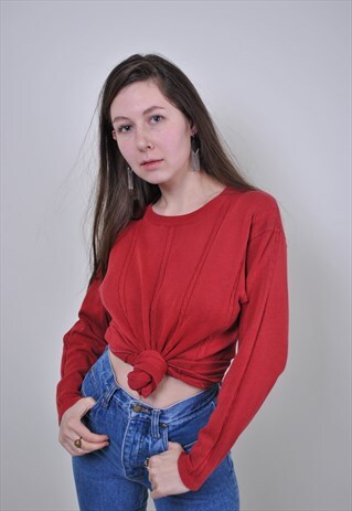 90S RED MINIMALIST SWEATER, VINTAGE WOMEN STRIPED JUMPER