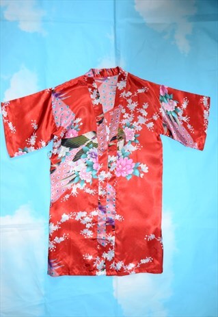 VINTAGE 90'S CHINESE PRINT RED SATIN FESTIVAL KIMONO