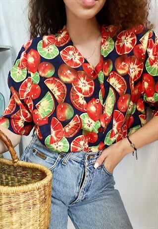 VINTAGE 80S SUMMER FRUIT CITRUS PRINT BOHEME BLOUSE TOP