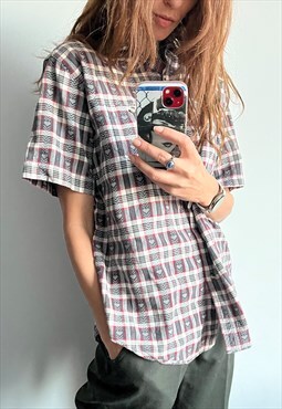 Short Sleeve Cotton Plaid Heart Printed Country Shirt Blouse