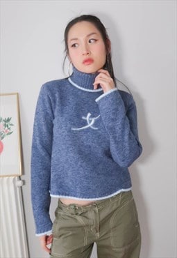 Vintage Y2K Blue Chinese embroidery Sweater