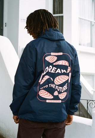 NAVY WINDBREAKER JACKET WITH DREAM INTO THE FUTURE PRINT