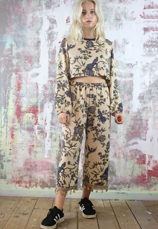TROUSERS IN FLOWER & PHOENIX PRINT WITH TASSELS