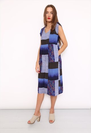 VINTAGE 90S BLUE PATCHWORK BOHO PRINT MIDI DRESS