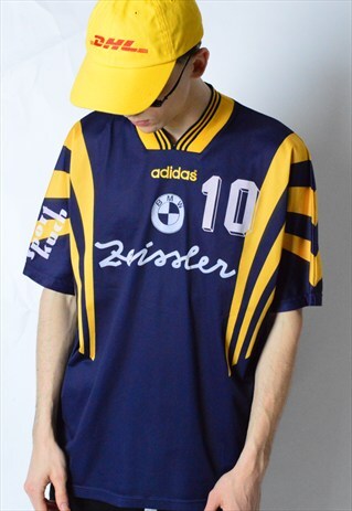 VINTAGE 90S NAVY BLUE YELLOW ADIDAS JERSEY SHIRT