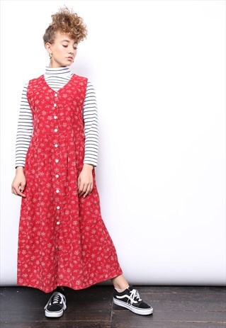 VINTAGE 90S RED FLORAL CORD CORDUROY PINAFORE MIDI DRESS