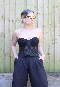 Vintage 1990s lace strapless dropped back corset in black