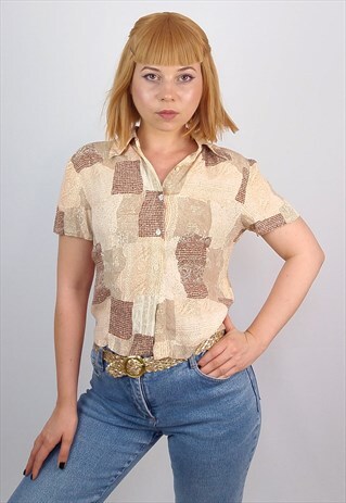 VINTAGE 90'S BUTTON-UP PATTERNED BLOUSE IN TAN