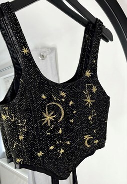Handmade Glimmering gold star and moon tulle black corset