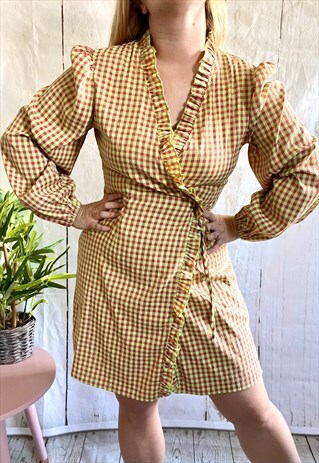 VINTAGE YELLOW CHECKED GINGHAM 90'S MINI WRAP DRESS