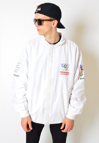 VINTAGE 90S WHITE OLYMPIC GAMES WORKWEAR BOMBER JACKET