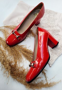 Vintage 90s red glossy high heel square toe shoes