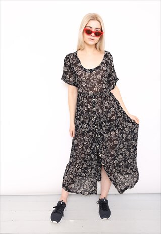 VINTAGE 90S BLACK FLORAL CHIFFON MIDI DRESS