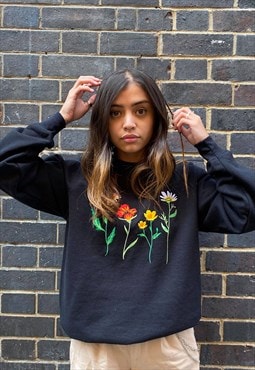 Cottage core floral embroidery unisex sweatshirt in black