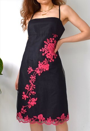 VINTAGE 90S Y2K SHEER OVERLAY EMBROIDERY FLORAL STRAPPY MIDI