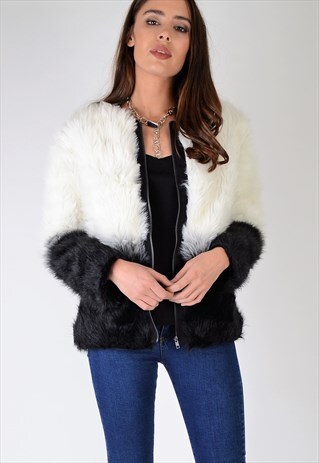 FAUX FUR TWO TONES BOMBER COAT WITH ZIP FRONT