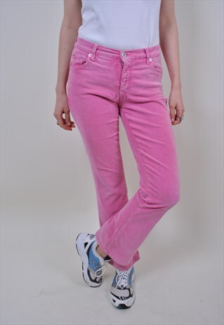 80S PINK CORDUROY PANTS, VINTAGE SKINNY FLARE LOW WAIST PANT